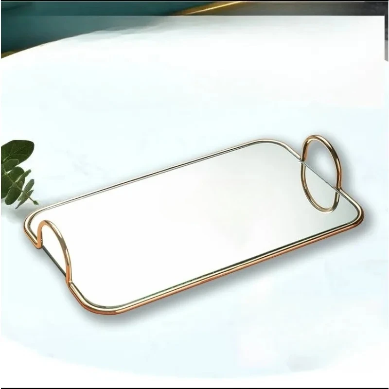Nordic Metal Mirror Tray Desktop Coffee Table Storage Tray Model House Decoration American Glass Fruit Plate Kitchen Storage