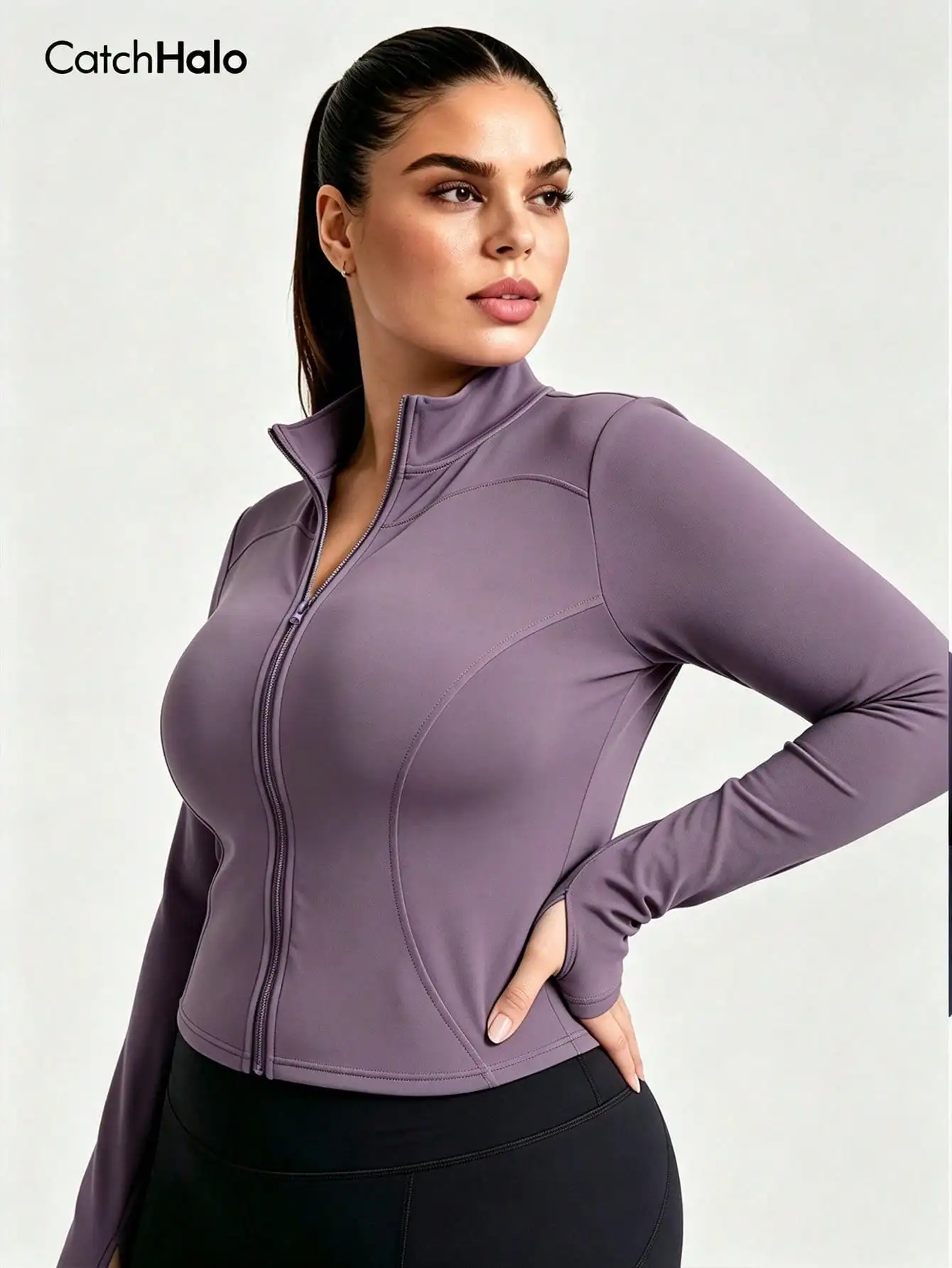 Plus Size Yoga Zip Up Jacket Slim Waist Thumb Holes Breathable Stretch Fitness Casual Sport Top