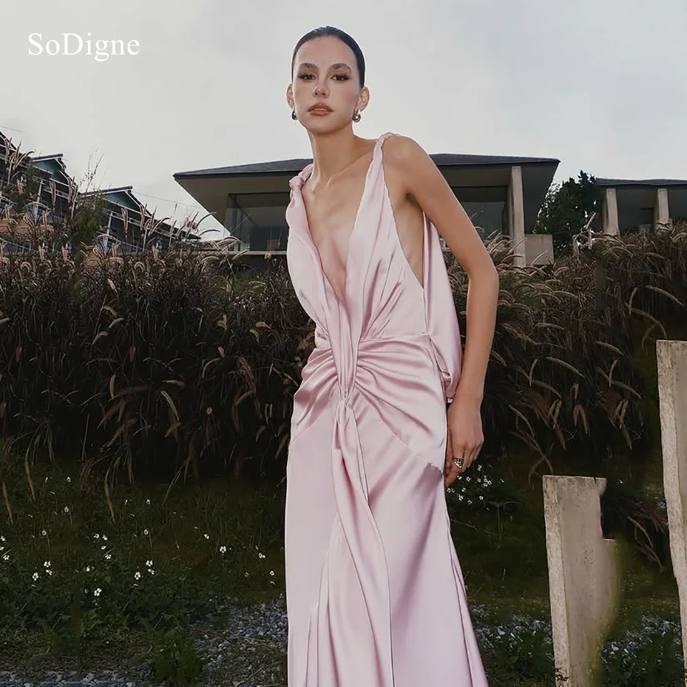

SoDigne Elegant Pink Mermaid Satin Evening Dresses V-Neck Sleeveless Pleats Party Dress Sexy Backless Prom Gowns Customized