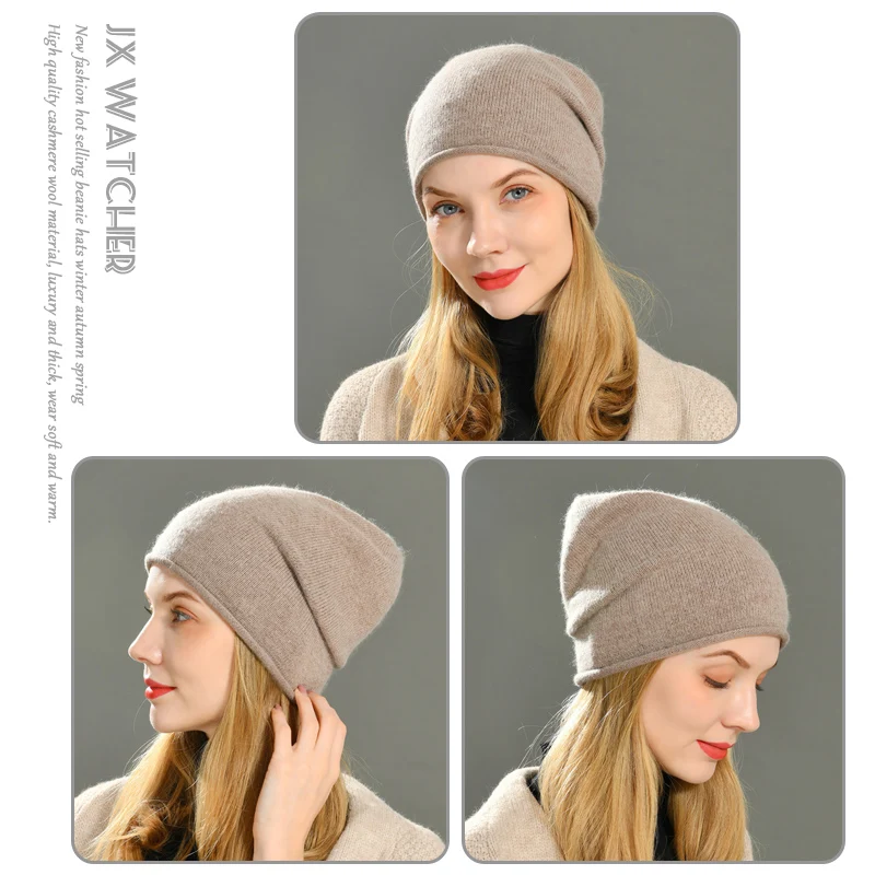 Jaxmonoy Autumn Knitted Thin Beanie Hat Women Cashmere Crimping Hem Cap Solid Color Casual Simple Girl Bonnet Fashion Female Hat