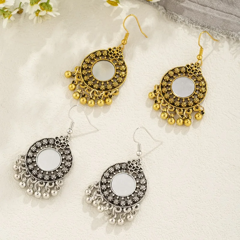 Antique Indian Earrings Jhumka for Women Ethnic Bohemian Round Mirror Hollow Beads Tassel Dangle Earrings Gypsy Jewelry Brincos