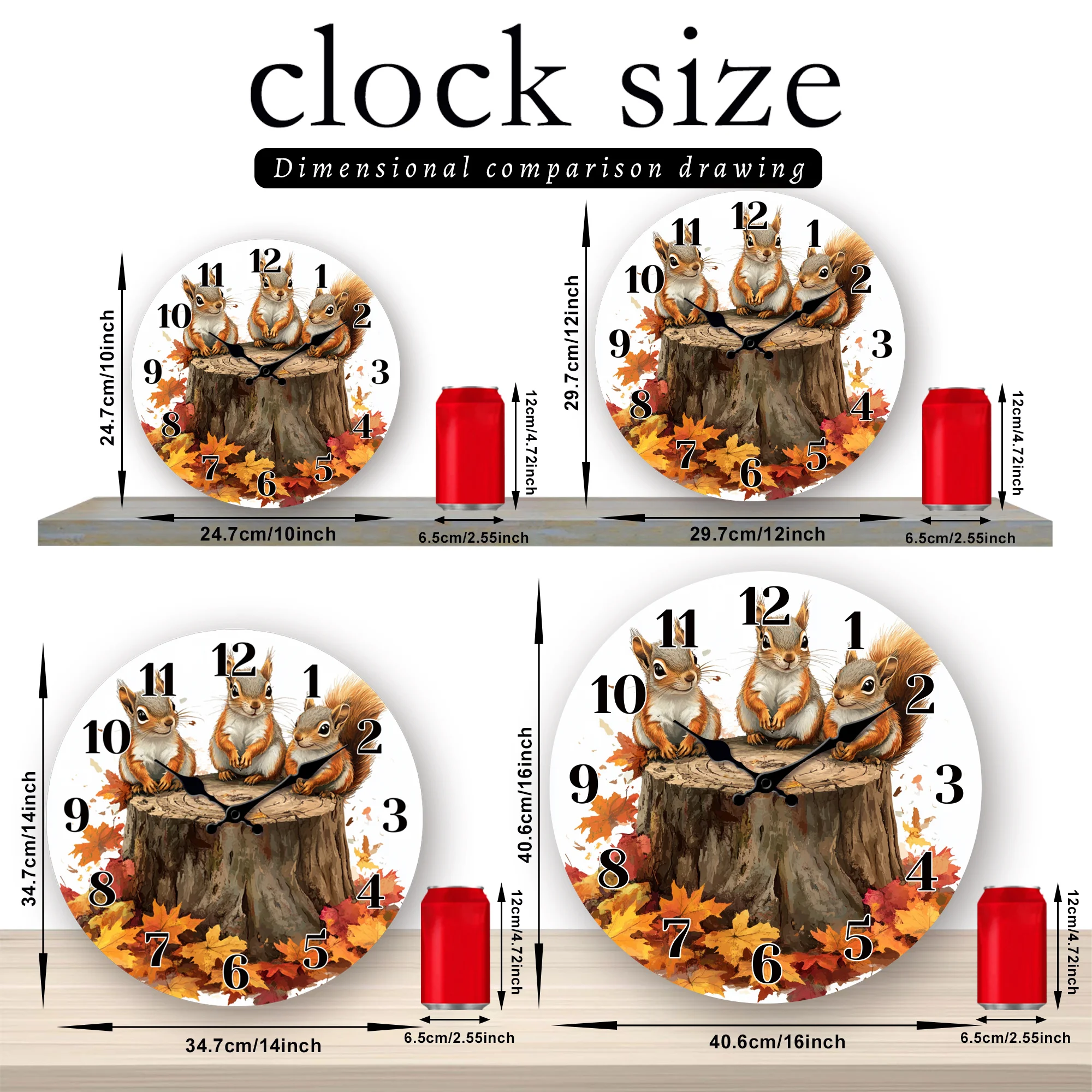 1pc, Fantasy Themed Silent Wall Clock with Squirrels on Tree Stump and Autumn Leaves Pattern Design, Battery Powered
