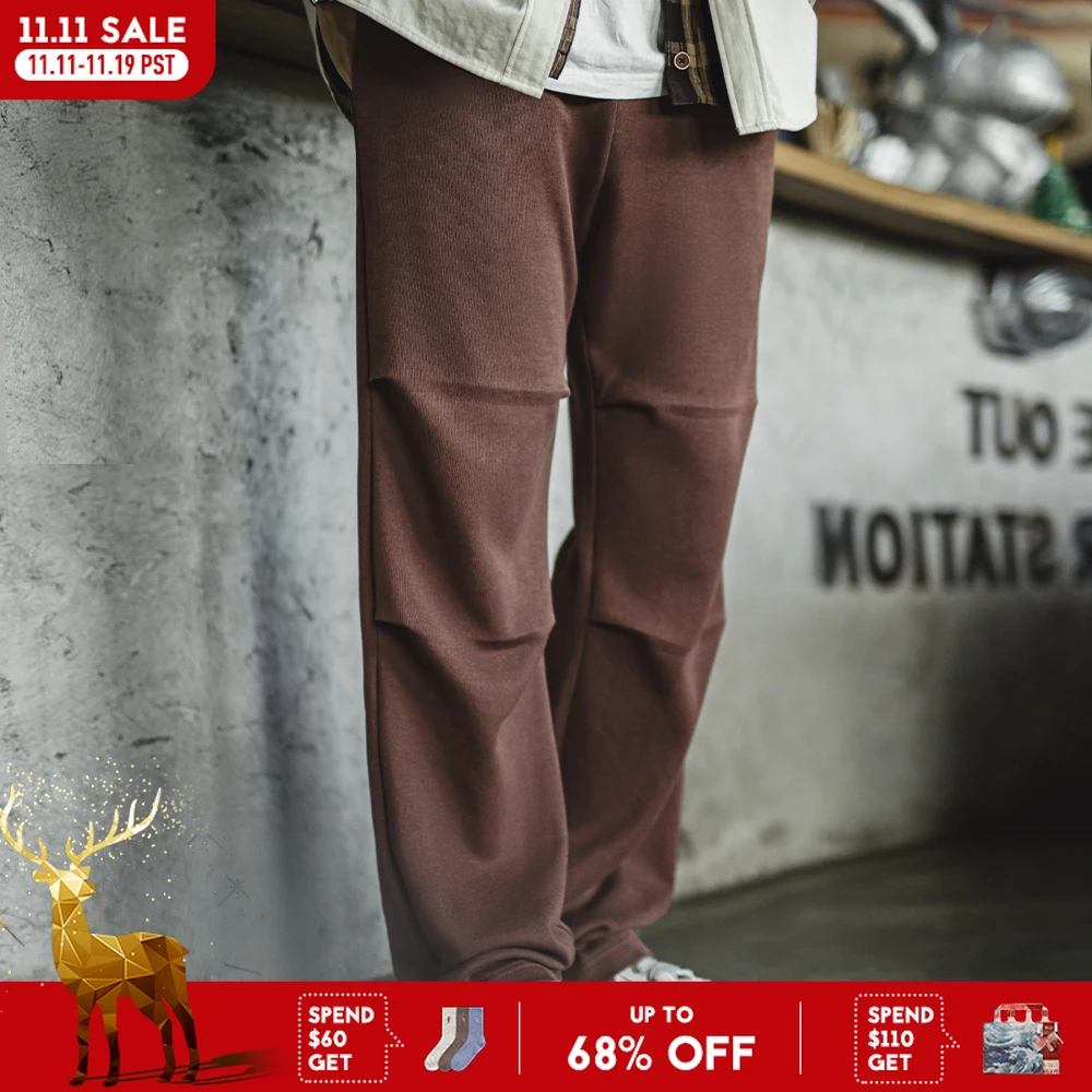 

Maden Retro Loose Fit Brown Double Pleated Sweatpants Straight Elastic Waist Casual Pants Men's Trousers for Autumn and Winter