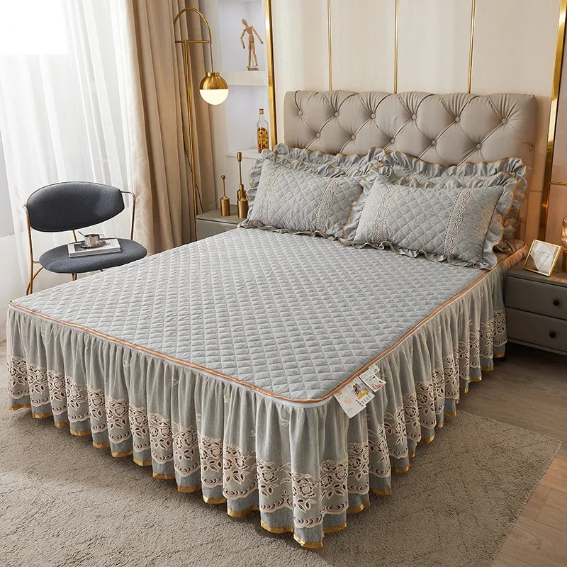 Luxury Gray Lace Bed Skirt Bedspread Thick Removable Bed Skirt Style Bed Sheets Embroidery Cotton European-style Bed Spreads