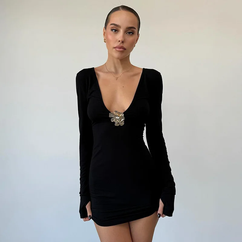 Sexy Deep V-Neck Bodycon Mini Skirt Elegant Long-sleeve Dress With Metallic Embellishments Stylish Women's Autumn Party Dress