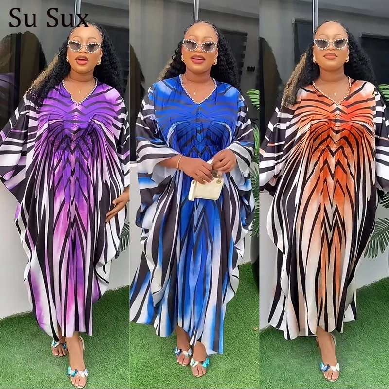 

Africa Clothing Gradient Stripes Elastic Waist Maxi Dress Plus Size African Dresses For Women Traditional Robe Africains Femme