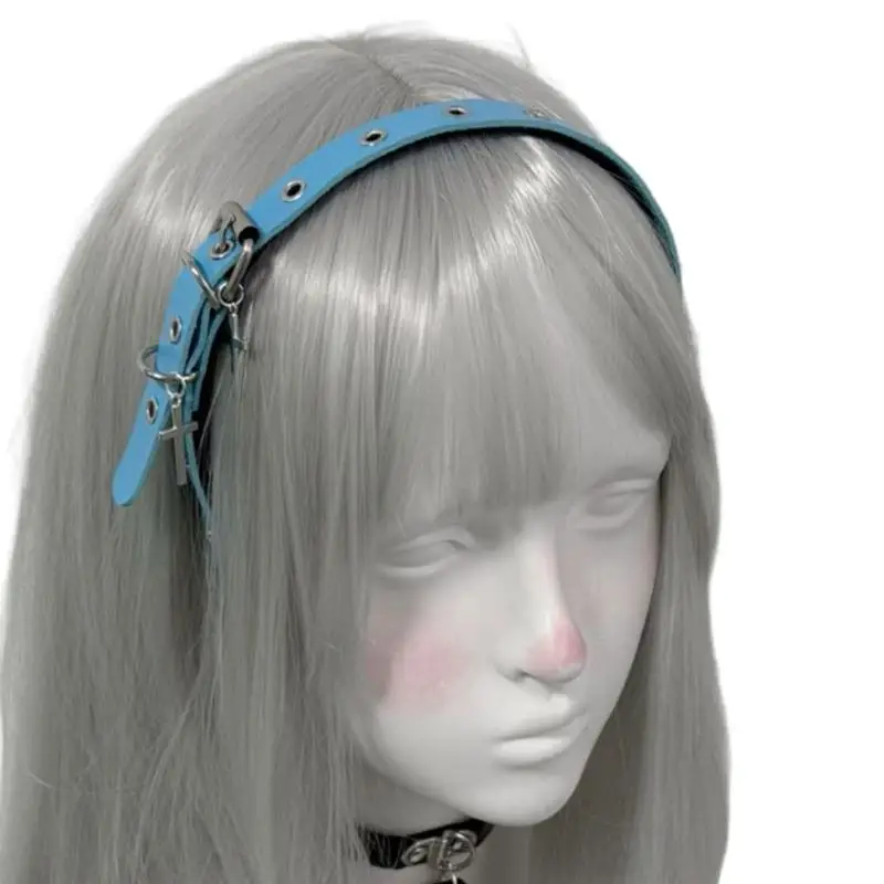 A52E Punk Gothic Crosses Design PU Hairband For Women Daily Use Grommet 2000s Fashion