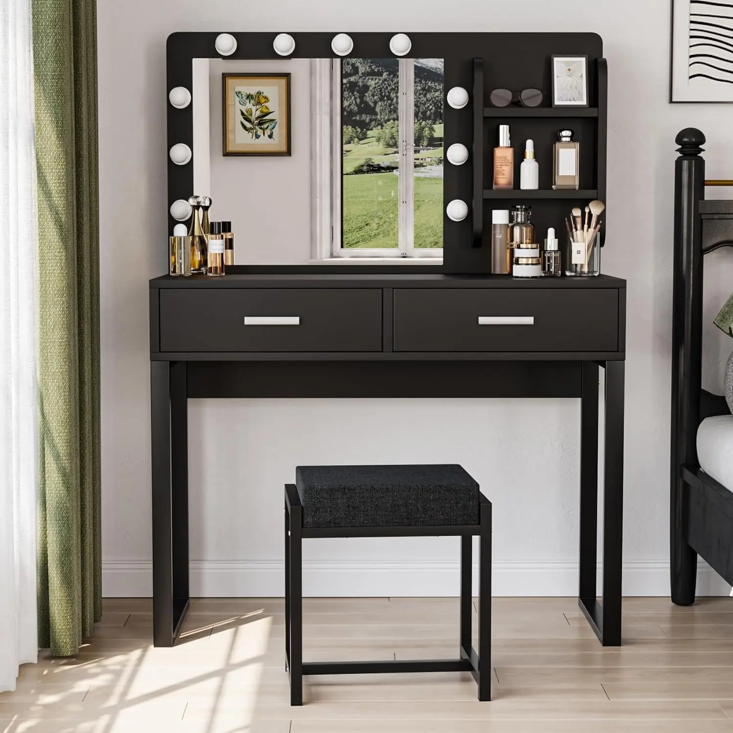 

Semiocthome Vanity Desk with Mirror and 10 LED Lights, 39.4"W Makeup Desk with 2 Big Drawers and Side Shelves for Storage,