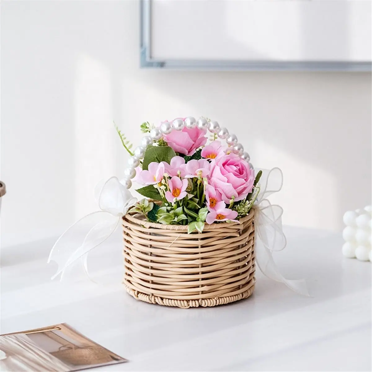 giftnew Pearl-Handled Flower Girl Basket, Hand-Woven Wicker Wedding Basket with Silk Bows,Boho Rattan for Bridal Showers 2pcs