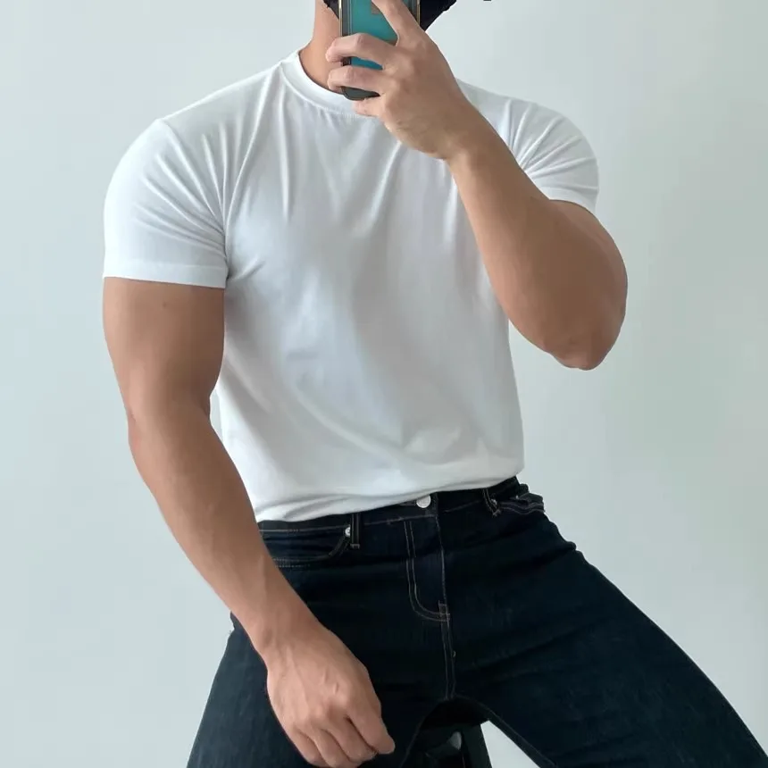 British Men Summer T-shirt Round Neck Slim Short-sleeved Solid Color Versatile Casual Top