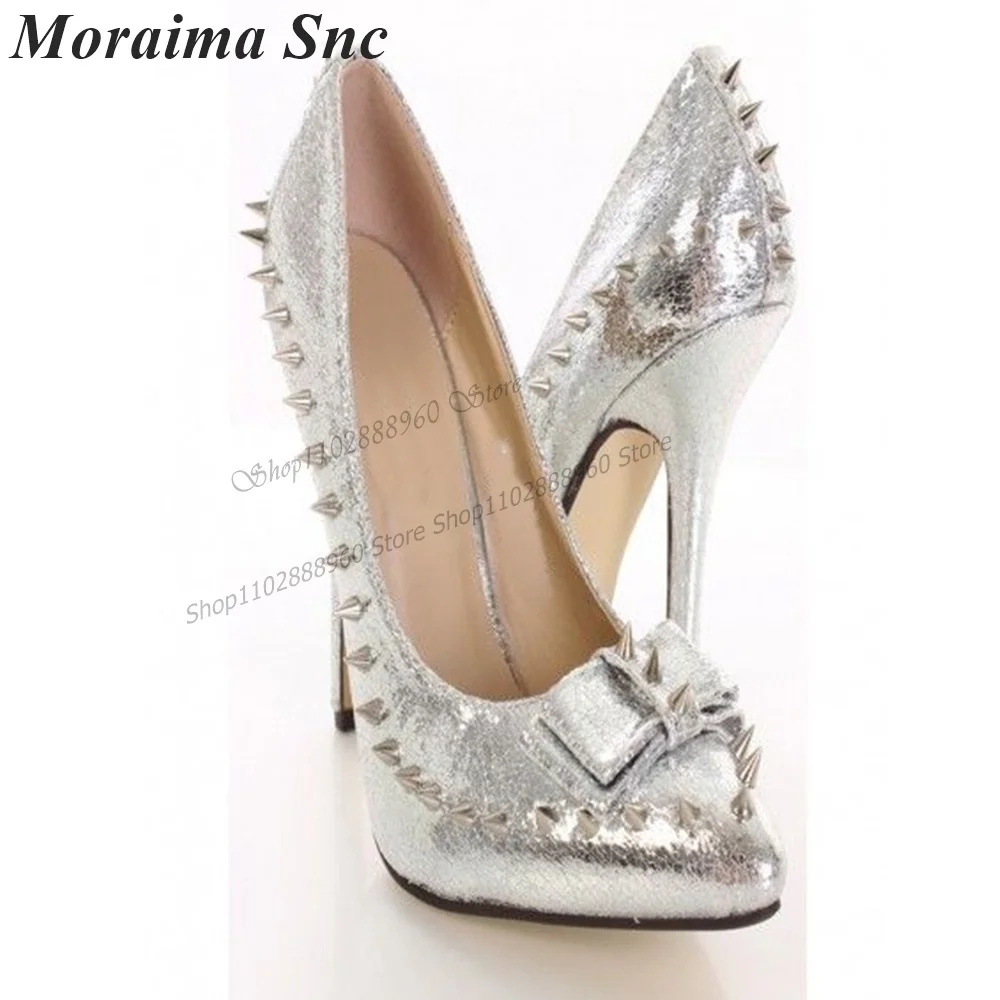 Graceful Silver Leather Bow Knot Rivet Decor Pumps Stilettos High Heel Women Shoes Slip-On Pointed Toe 2023 Zapatos Para Mujere