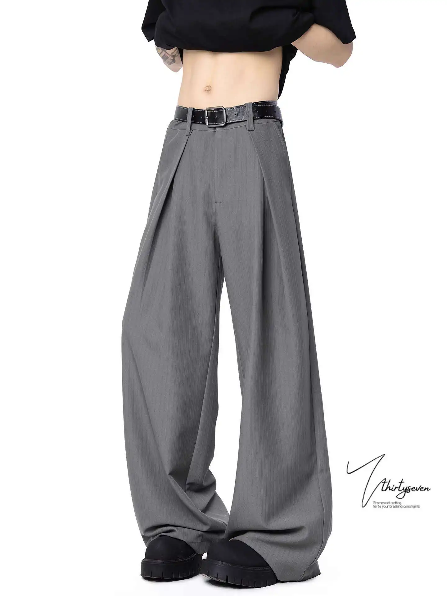 High Waist Wide Leg Pants Man American Style Design Pleated Wide-Leg Trousers For Men Loose Draped Floor-Length Casual Pants