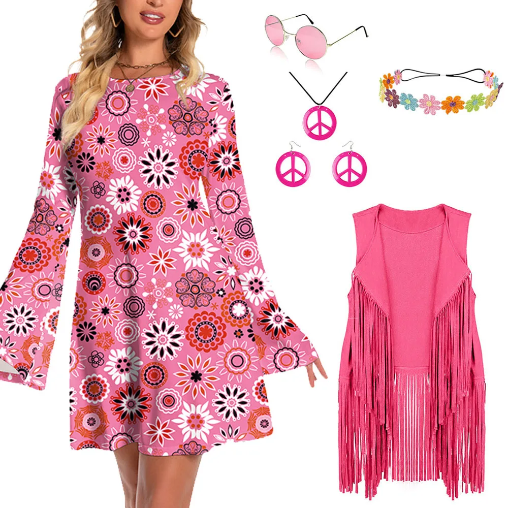 Disco Mode Jurk Sets Vrouw Vakantie Feest Hippie Accessoires Dames Franje Jas Hiphop Brillen Oorbellen Cosplay Kostuum