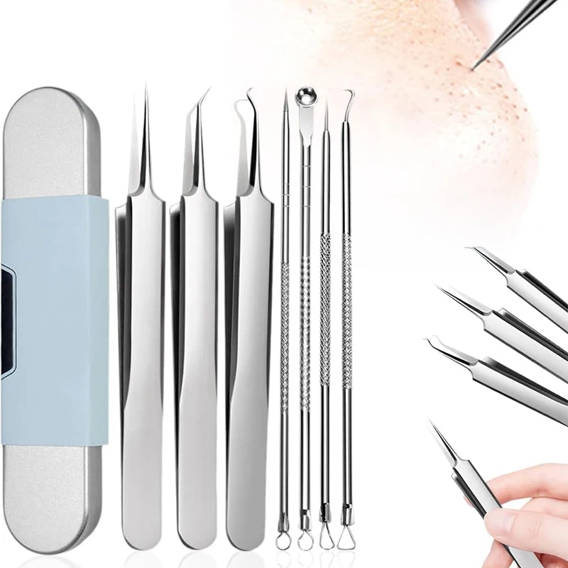 7 Stuks Comedondrukker Tool Kit Rvs Comedonen Extractor Puistje Acne Clip Removal Kit Neus Gezicht Pincet Gereedschap