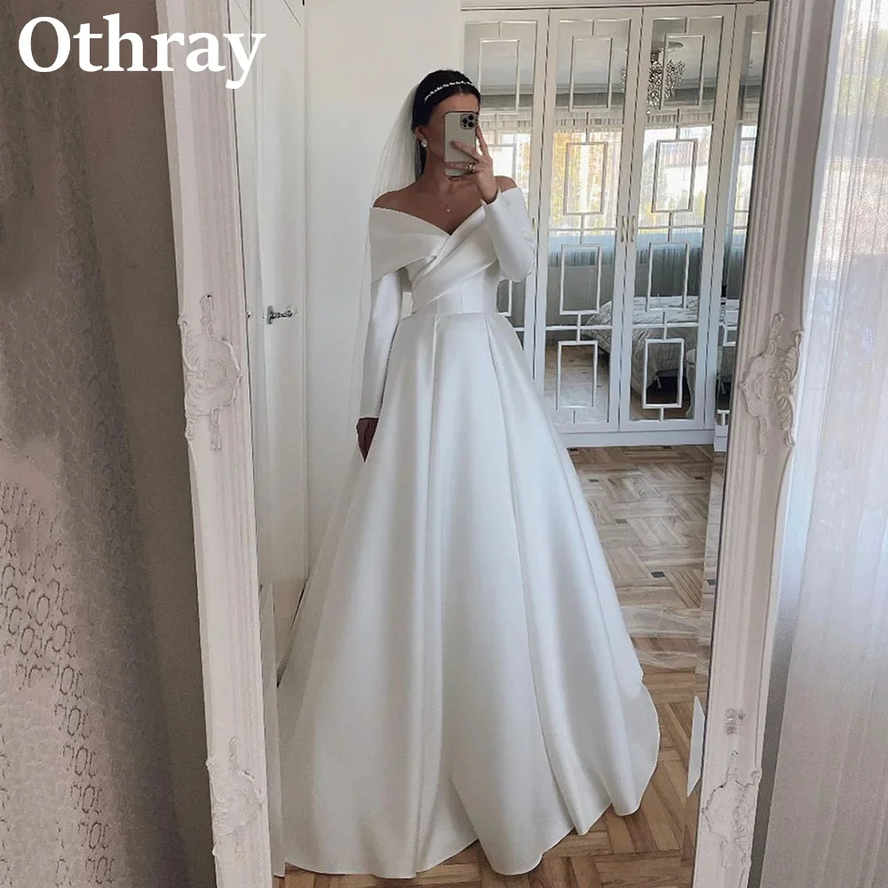 Othray eleganti abiti da sposa in raso con spalle scoperte maniche lunghe una linea abiti da sposa formali abiti da sposa