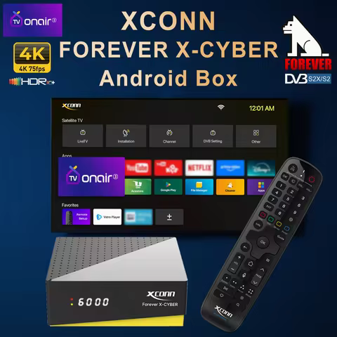 XCONN FOREVER X-CYBER Satellite Receiver Android IPTV Boxes 4K TVONAIR3 Universal BT Find Remote Voice Hotkey Dual WiFi TV Box