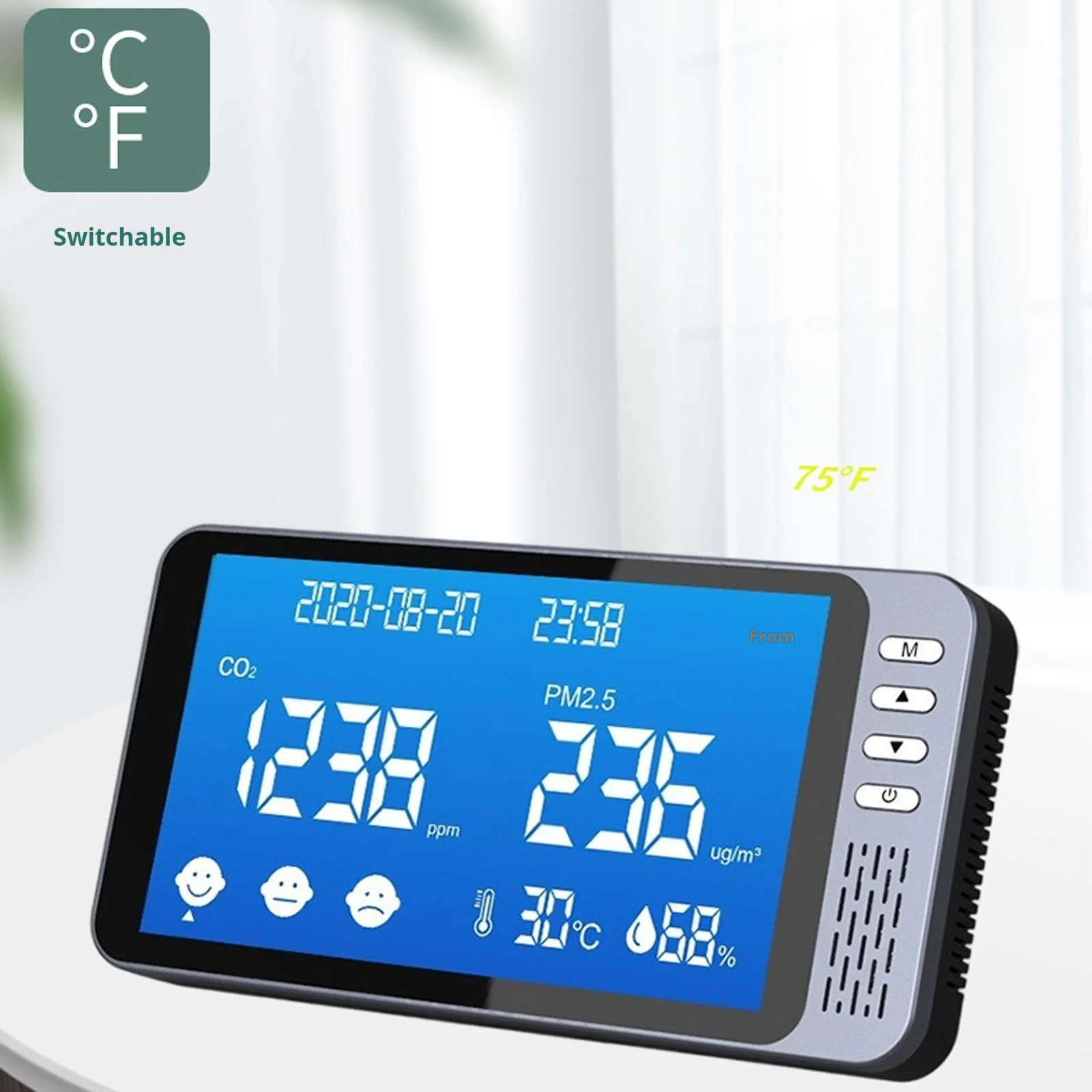 

6-in-1 Air Quality Monitor NDIR Sensor Temperature & Humidity Detector Celsius/Fahrenheit Switch for Home Car Office Classroom