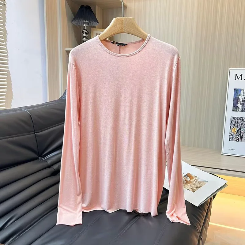 

Maxdutti 2026 Women's Clothes Shirts Elegant Tshirt Nordic Minimalist Cotton Tops Round Neck Basic Long-sleeved T-shirt Women