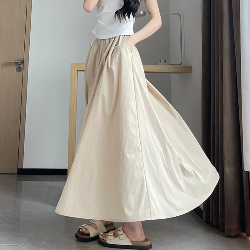 Damskie spódnice w kształcie litery A, plisowane, letnie, z wysokim stanem, szerokie spódnice typu parasol, damskie spódnice 2025, uniwersalne, jednokolorowe, z kieszeniami, długie spódnice.