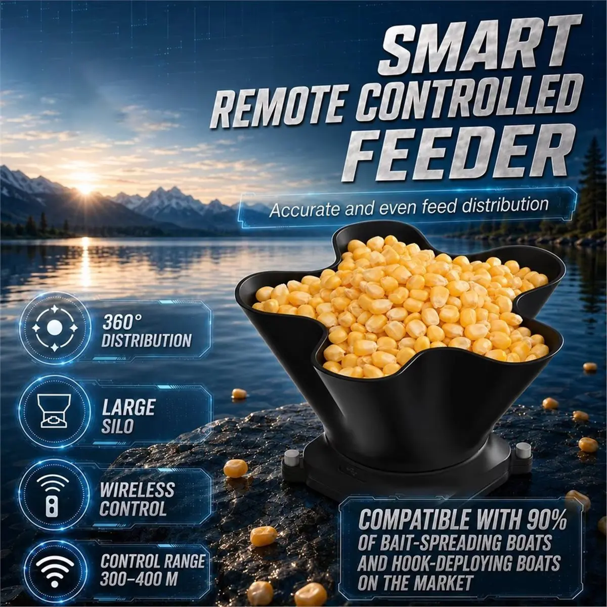 Remote Bait Dispenser for RC Boat, 2.4GHz Wireless, 360° Rotating Bait Spreader, 300-400m Range, IP67 Waterproof