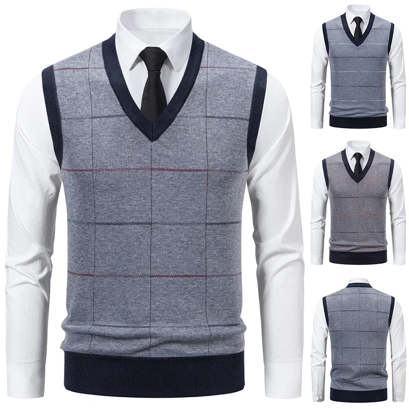 

2025 Men's V-neck Knitted Sweater Warm Autumn Winter Diamond Grid Twisted Flower Casual Fashion Versatile Knit Top