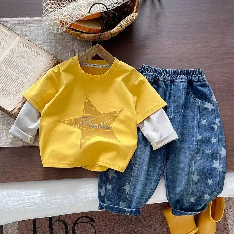 Boys' Autumn Set New Fashion Star Long Sleeve Cotton Fake Two Piece Top T-shirt+Children's Jeans 2Pcs Children's Clothing