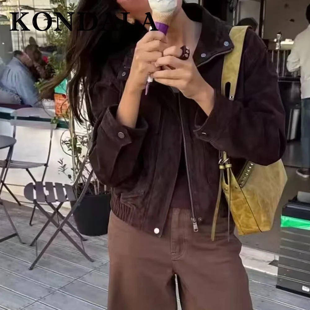 

KONDALA Vintage 2025 Fall Woman Suede Jackets Solid Zipper Pockets Jacket Long Sleeve Fashion Autumn Female Button Loose Outwear