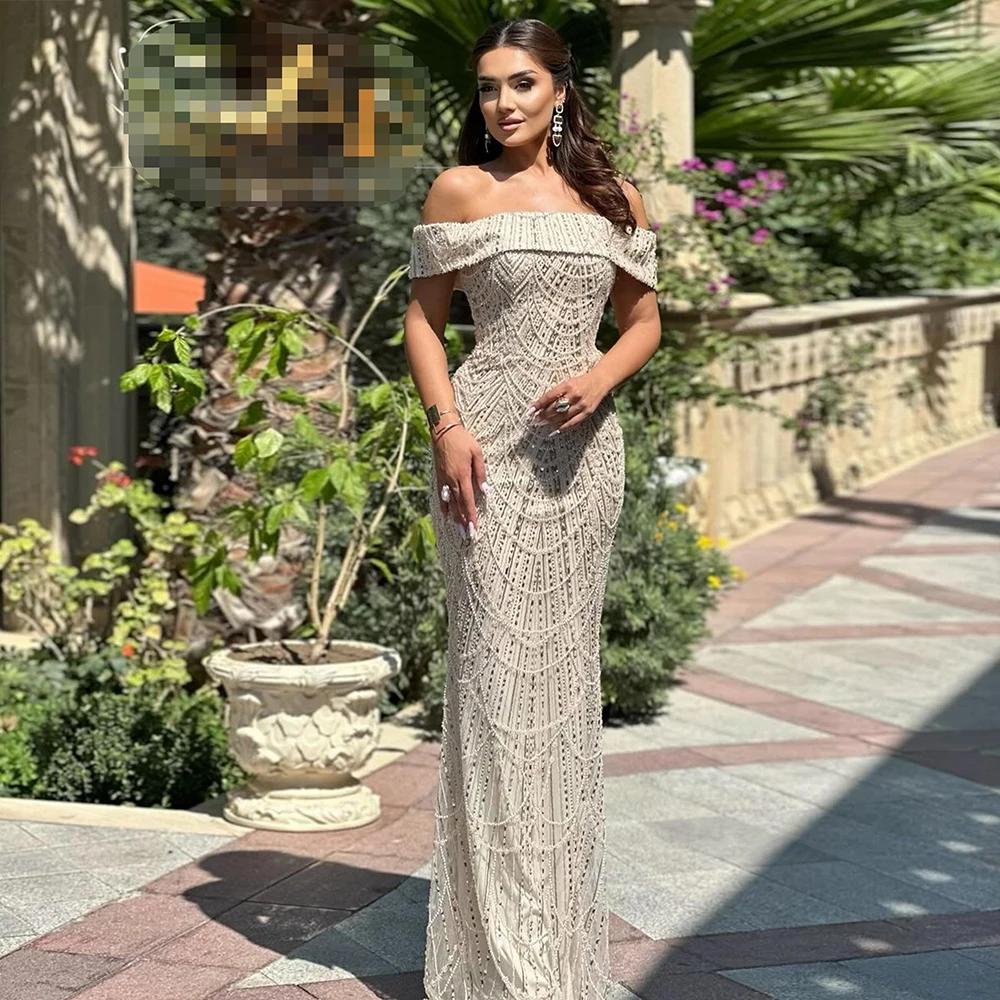 Elegant Mermaid Pearls Evening Dress for Women 2024 Off the Shoulder Lace Up Long Formal Prom Wedding Party Gowns Customized