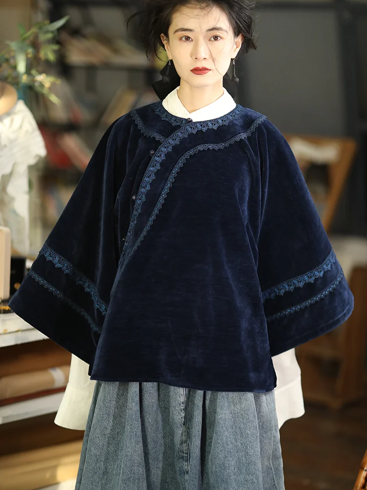 

Топ-ципао из бархата и кружева Ninth Cloud Blue, оригинальный дизайн, новый китайский стиль, тайваньское кружево, женская верхняя одежда