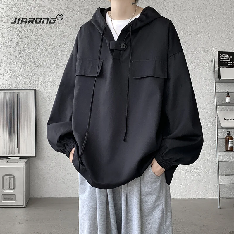 

Men's Hoodies Spring Autumn Black Hooded Sweatshirt Street Style Cargo Long Sleeve T Shirt & Autumn Plus Size Outerwear Top