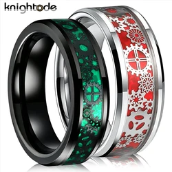 Red and Green Opal 6mm 8mm Tungsten Carbide Rings Mechanical Gear Wheel Inlay Wedding Band Beveled Edges Polished Comfort Fit