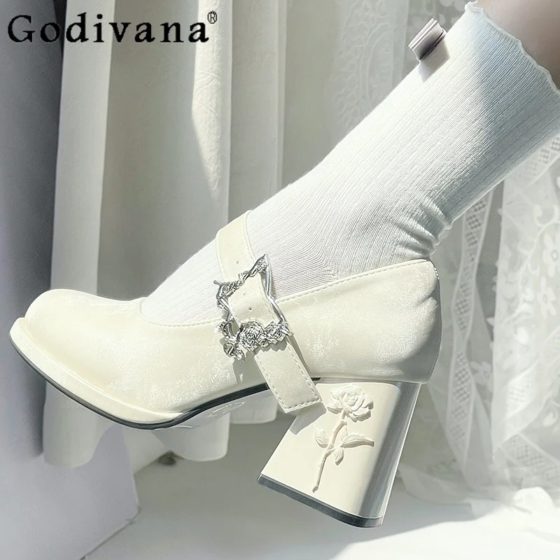 

Butterfly Mid Heel Shoes for Women Original Design Waterproof Platform Thick Shoes Female Japanese Style Rose Design Shoes