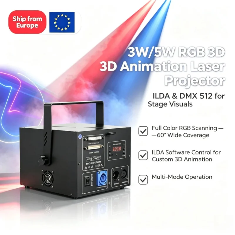 Professioneller RGB Vollfarb-Laser 5W 30Kpps Scanner ILDA DMX 3D-Animations-Laserprojektor für DJ Disco Club Hochzeit