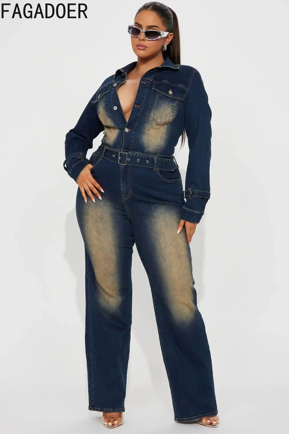 FAGADOER Retro Navy Blue Denim Jumpsuits Women Fashion Tie-dyed Long Sleeve Buttons One Piece Overalls Autumn Jean Playsuits