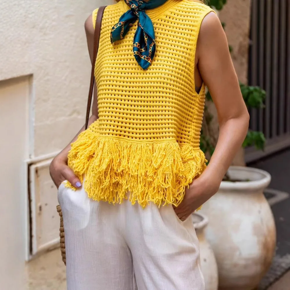 

PRINTKAOIR Fashion Tassels Patchwork Tube Tops For Women Round Neck Sleeveless Knitted Short Vest Female Summer In Chic Tank Top