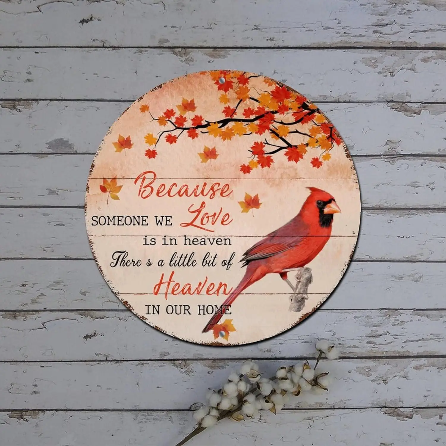 Merry Christmas Door Sign Because Someone We Love Is in Heaven Cardinalis Round Metal Tin Sign Christmas Joy Decor Vintage Alumi