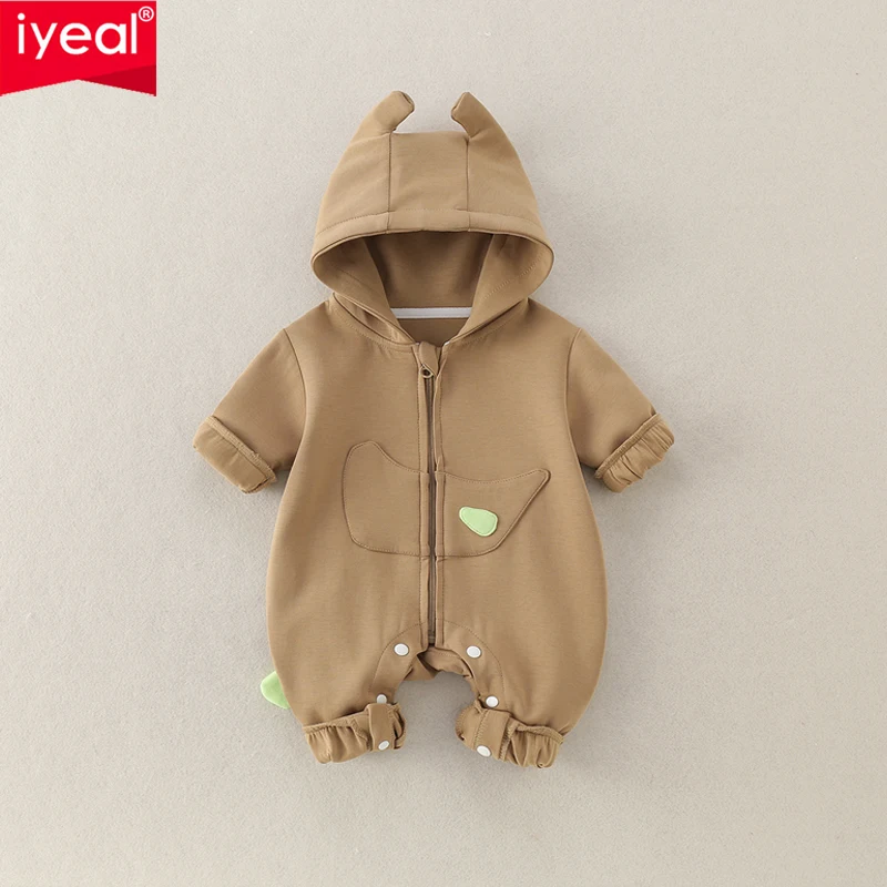 IYEAL Baby Dinosaur Hooded Romper, Cartoon Animal Long Sleeve Zipper Infant Jumpsuit, Newborn Spring Autumn Casual Outfit