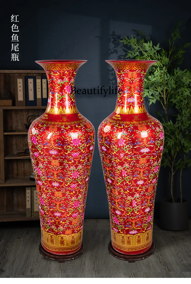 Jingdezhen ceramics China red floor-toceiling vase living room hotel flower arrangement decoration housewarming opening ornament