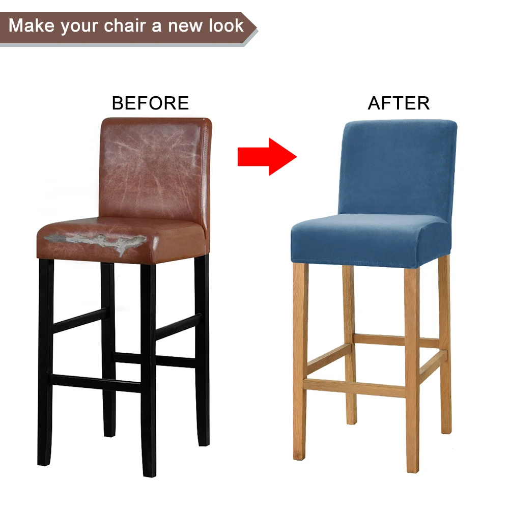 Velvet Fabric Bar Stool Chair Cover Spandex Stretch Short Back Chair Covers for Dining Room Cafe Home Small Size Seat Slipcover