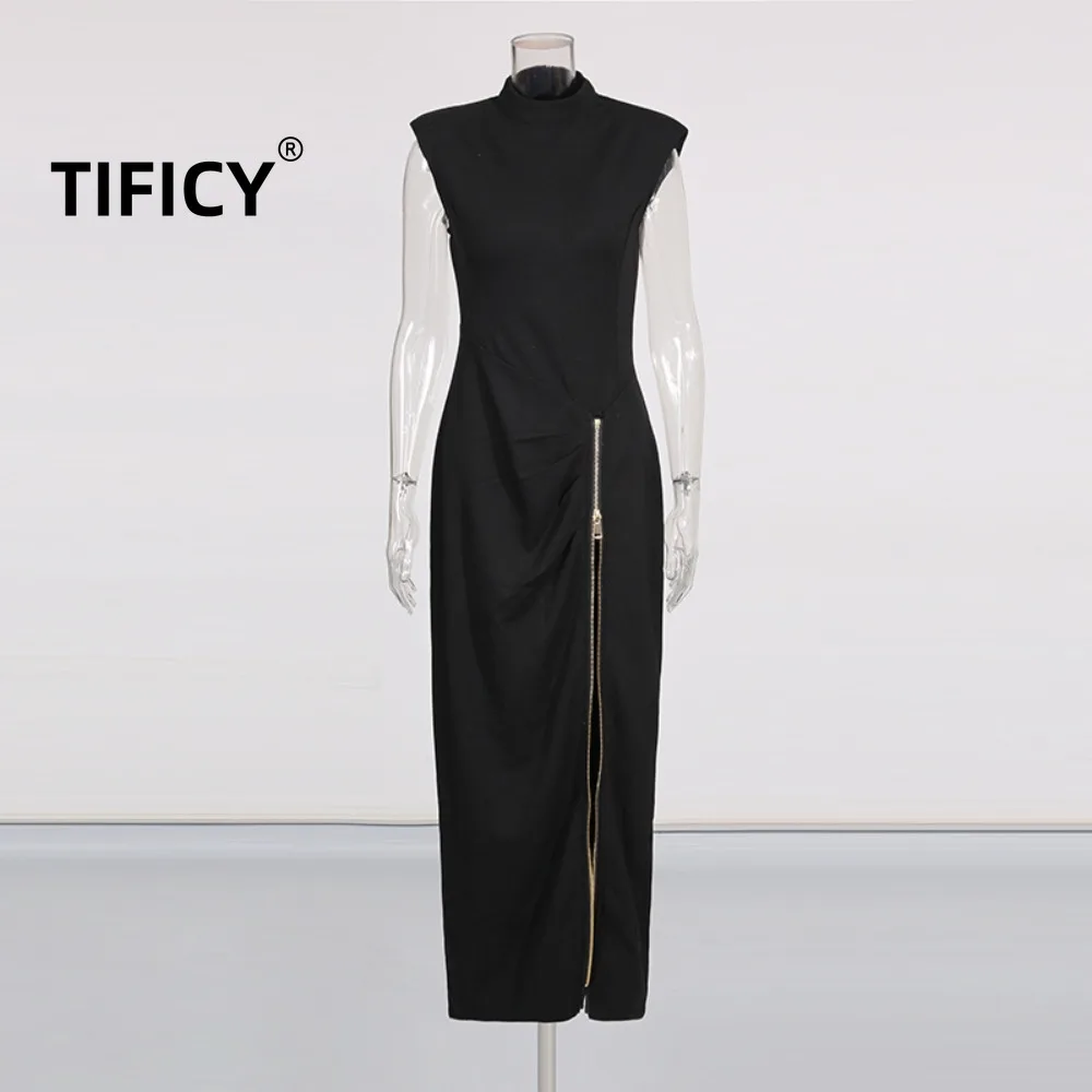 High Street Tailored Retro Style Black Long Dress Spring New Women's Standing Collar Zipper Slit Party Dress