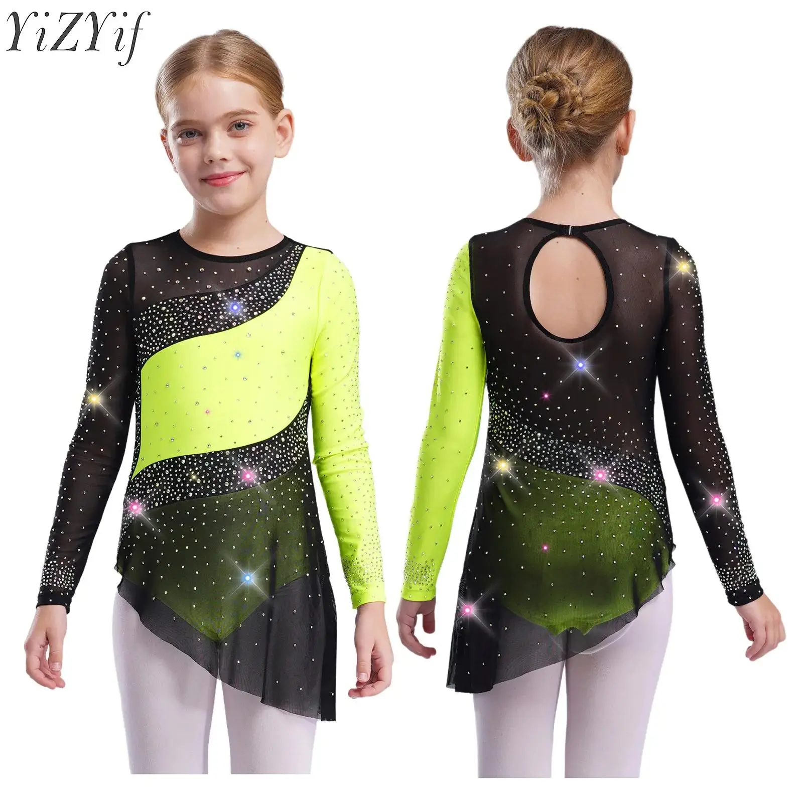 Kids Girls Ballet Leotard Dress Rhythmic Gymnastics Ballerina Costume Long Sleeve Sheer Mesh Rhinestones Color Block Leotard