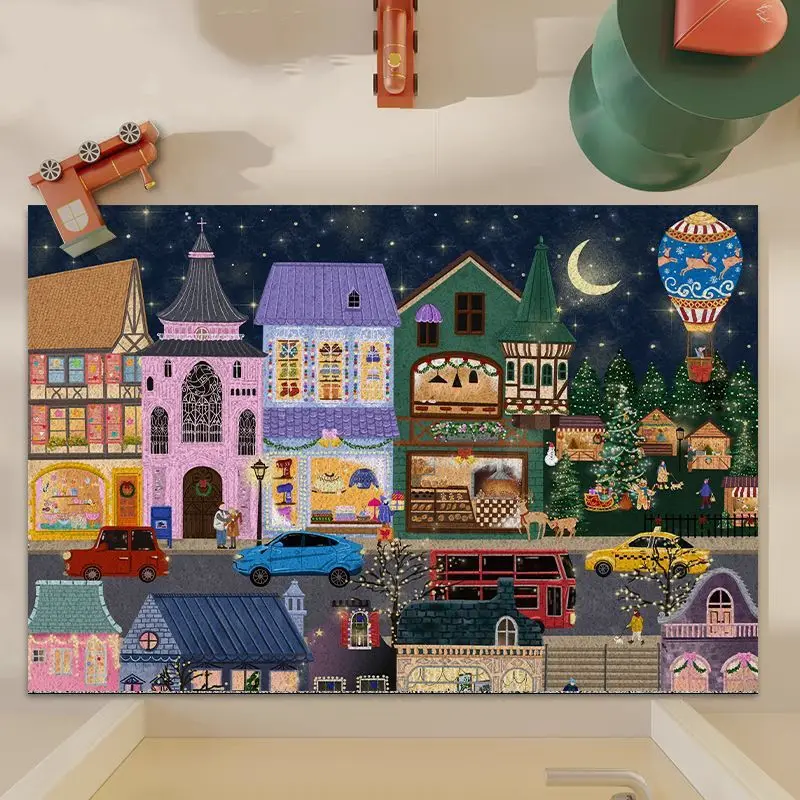 Cartoon Christmas Town Blue Xmas Tree PVC Wire Loop Coil Door Mat, Non-Slip Dust Removal Easy Clean Entryway Rug Xmas Decor