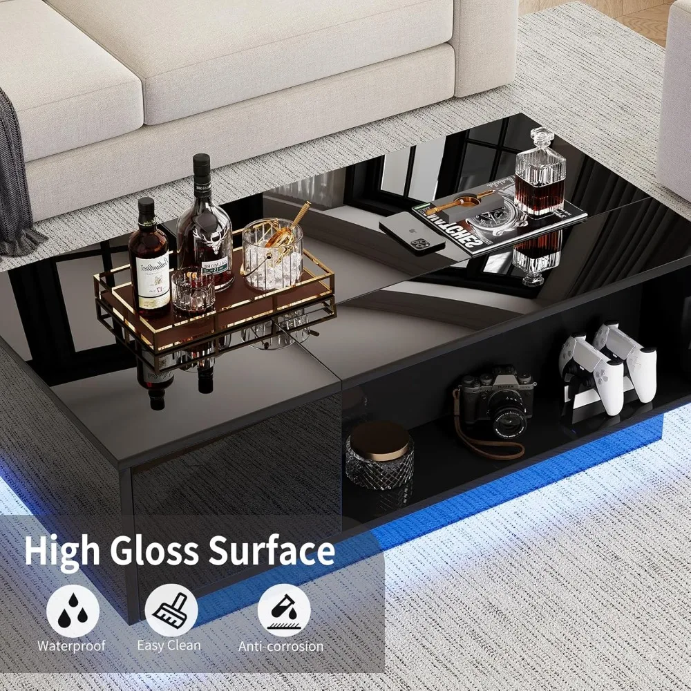 "47 Inch Contemporary LED Coffee Table with Lift Top, Sleek All-Black Design, High Gloss Finish, and Hidden Storage Drawer"