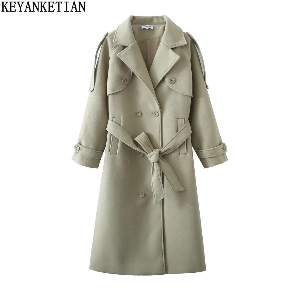 

KEYANKETIAN Women's long padded woolen oversize winter coat New light green Oversize with belt double breasted trench coat