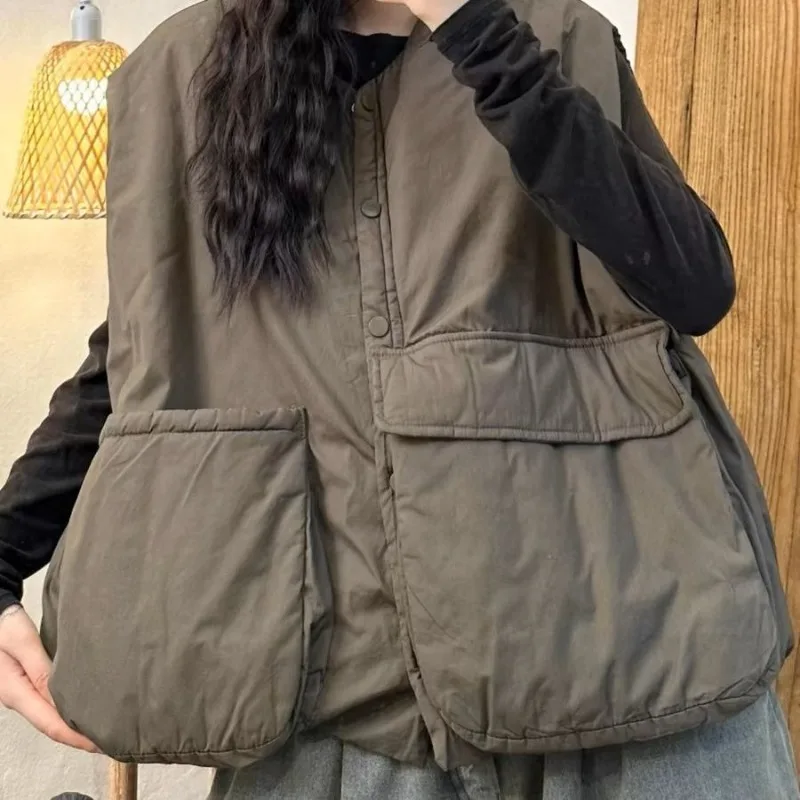 

2025 New Autumn Winter Coat Vest for Women Korean Fashion Versatile Artistic Style Womens Vest V-neck Button Clip Cotton Tops
