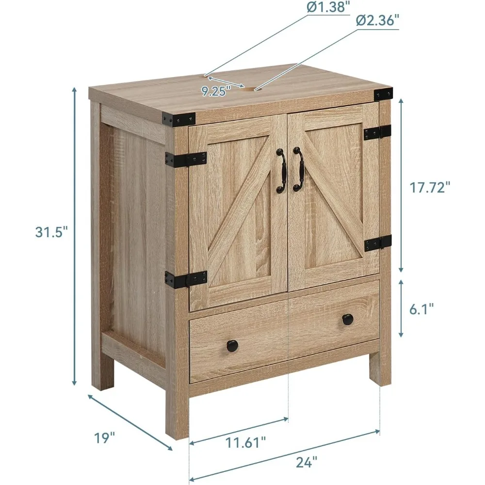 24 inch Natural Color Bathroom Vanity with Blue Vessel Sink, Rustic Pedestal Cabinet
