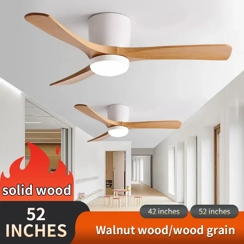 Low Floor Modern Ceiling Fan with Solid Wood Blades, Solid Wood DC Motor, Reversible Blades, Remote Control, LED Fan with Lights
