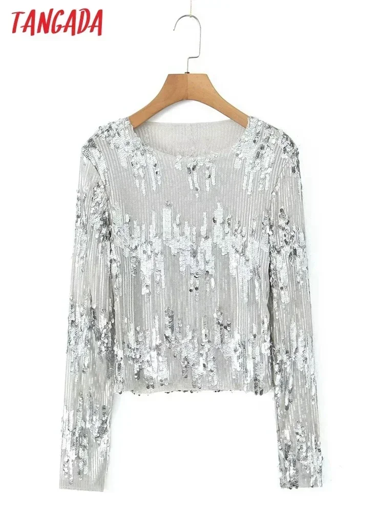 Tangada 2023 Women Beading Decorate Party Shirt Long Sleeve Female Crop Blouse 8H03