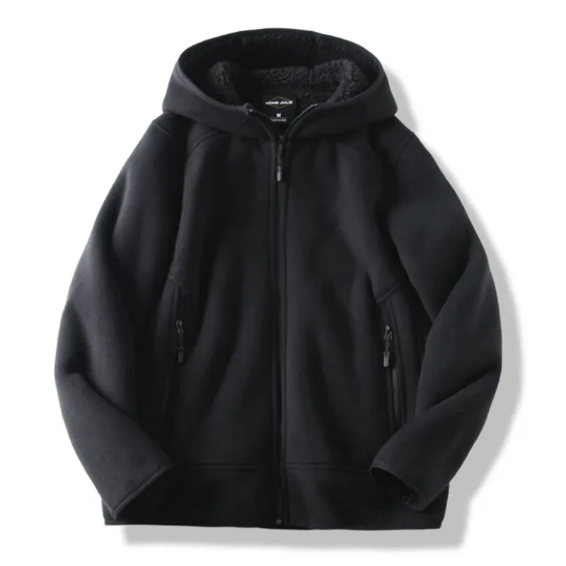 Men's False Fleece-lined Hooded Coat Winter Solid Color Zipper Thickened Jacket American Casual Fashion Loose Warm Overcoat
