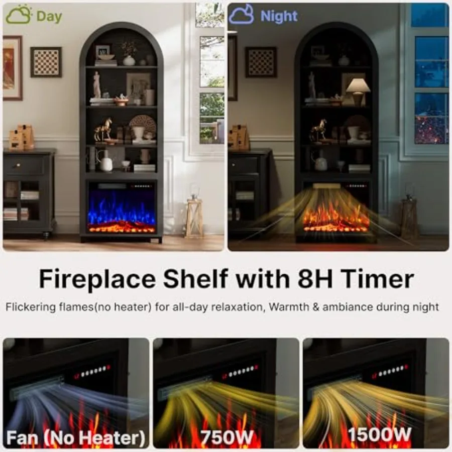 Mobiletto ad arco 2in1 con camino elettrico per soggiorno e cucina Libreria in legno nero con ripiani regolabili 71 alti O